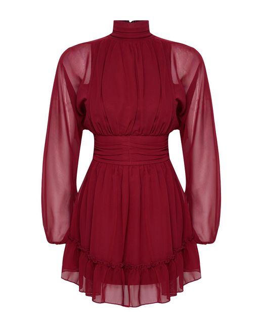 Edit by Trendyol Red Burgunderrotes, Mit Chiffon Gefüttertes, Kurzes Kleid Mit A-Ausschnitt Für Damen