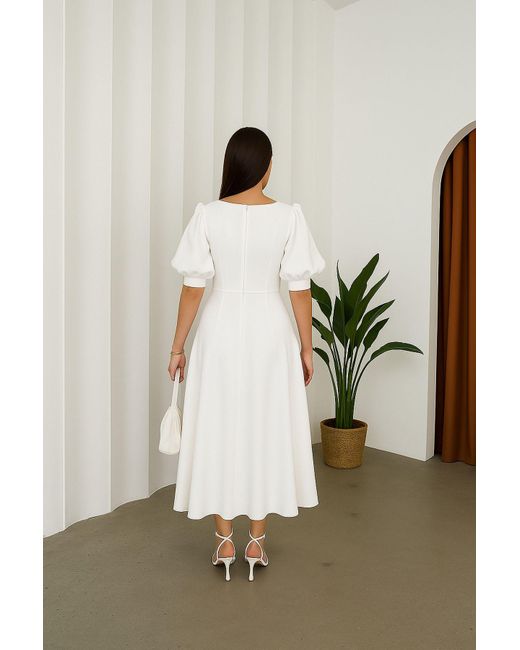 Deafox White Weißes, Importiertes Midikleid Aus Crêpe-Stoff Mit Wassermelonenärmeln Und Reißverschluss Hinten Für Damen