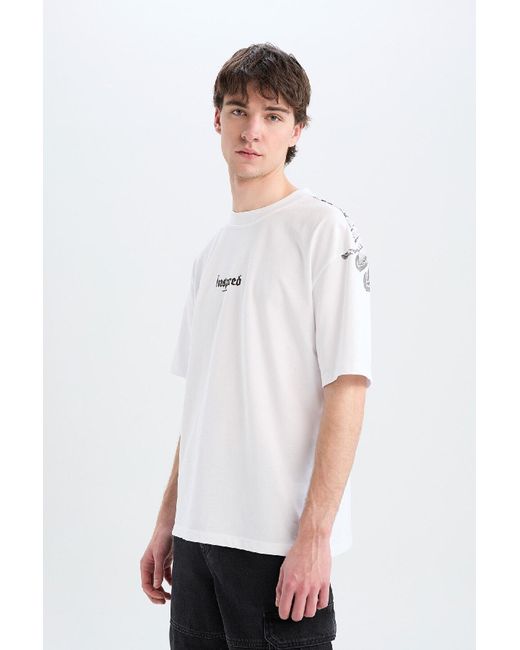 Defacto 100 Baumwolle, Oversize-T-Shirt Mit Weitem Schnitt, Rundhalsausschnitt Und Rückenaufdruck, Kurzärmelig, D5600Ax25Sp Für Herren in White für Herren