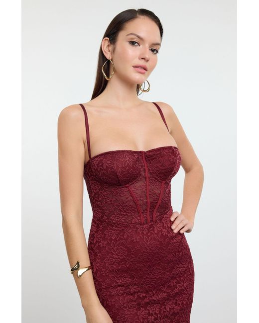 Trendyol Red Burgunderfarbenes, Mit Spitze Gefüttertes, Gestricktes Midikleid Für Damen