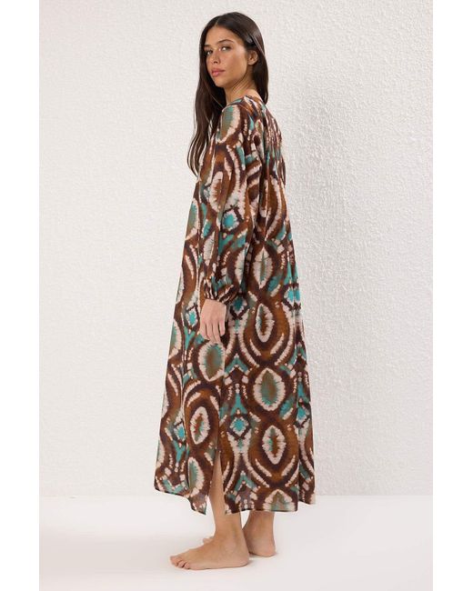 Trendyol White Ethnisch Gemustertes Maxi-Strandkleid Aus 100 Baumwolle Mit Ballonärmeln Für Damen