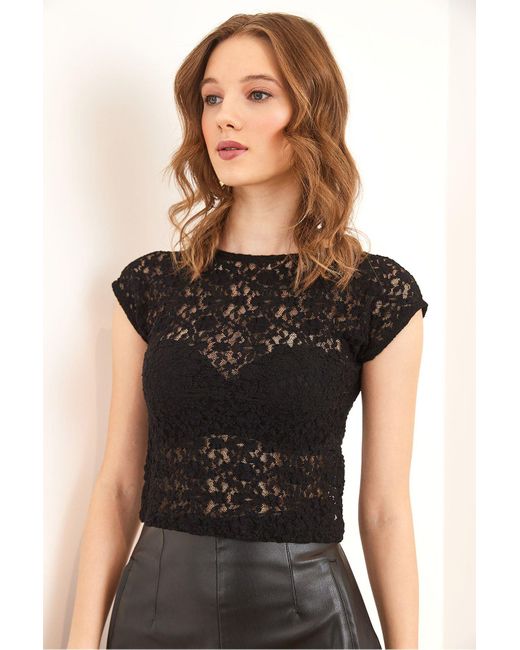 Olalook Black Schwarze Rückenfreie Transparente Crop-Bluse Blz- 19002857 Für Damen