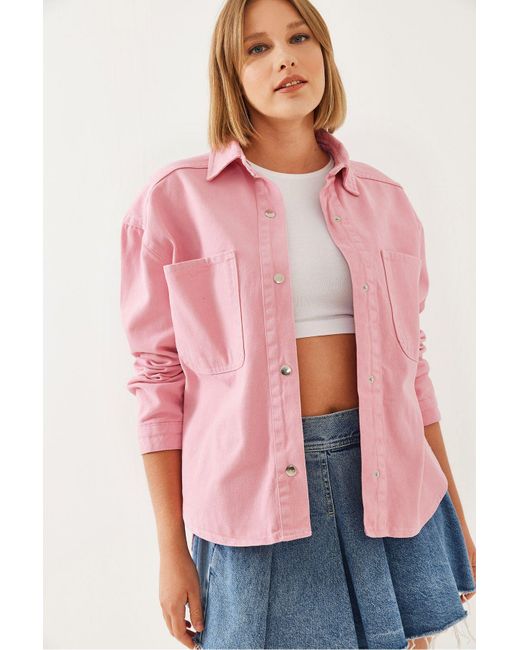 Bianco Lucci Pink Gabardine-Hemd Mit Quadratischem Taschendetail 4737 Für Damen