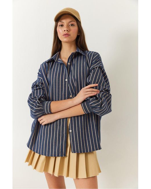 Bianco Lucci Blue Dünn Gestreiftes Oversize--Basic-Shirt 2021 Für Damen