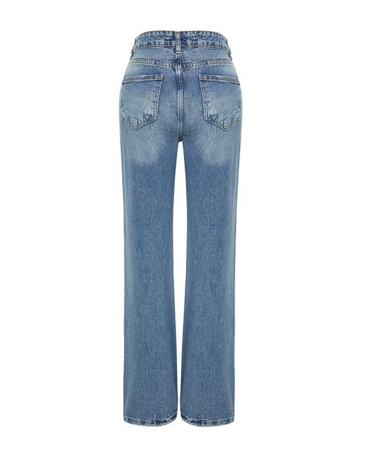 Trendyol Blue E zerrissene jeans mit weitem bein und hoher taille