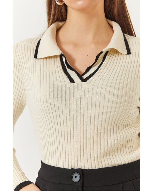 Bianco Lucci Natural Polokragen, Gerippt, Gestreift, Detaillierte Saisonale Langarm-Strickbluse Für Damen