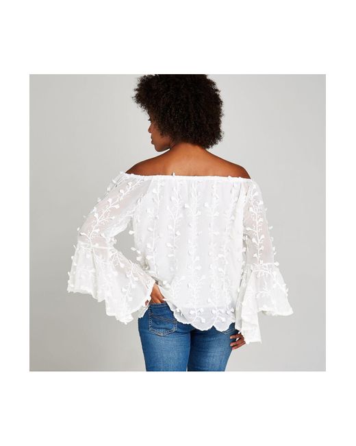 Apricot White Geblümtes Bardot-Top Mit Glockenärmeln Für Damen
