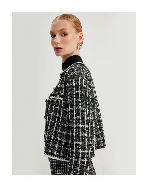 Koton Black Langärmliger Tweed-Cardigan Mit Rundhalsausschnitt Und Knopftaschen Für Damen