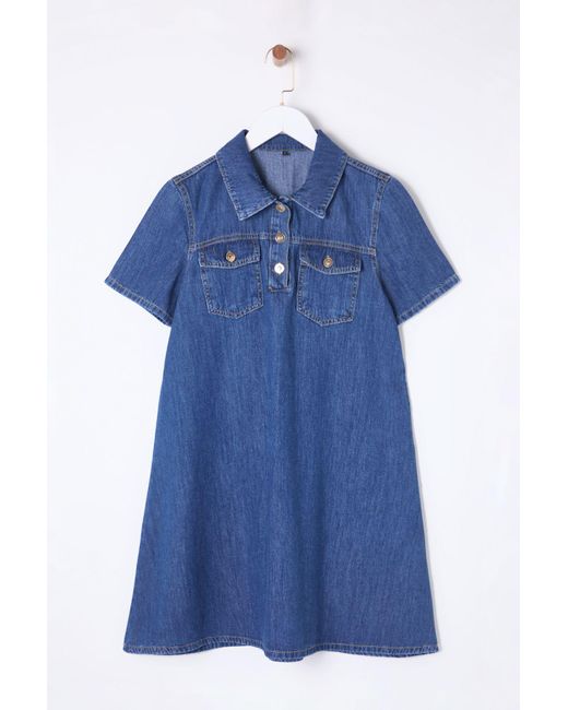 Trendyol Blue Blaues, Detailliertes, Lockeres Mini-Jeanshemdkleid Mit Taschendetail Für Damen