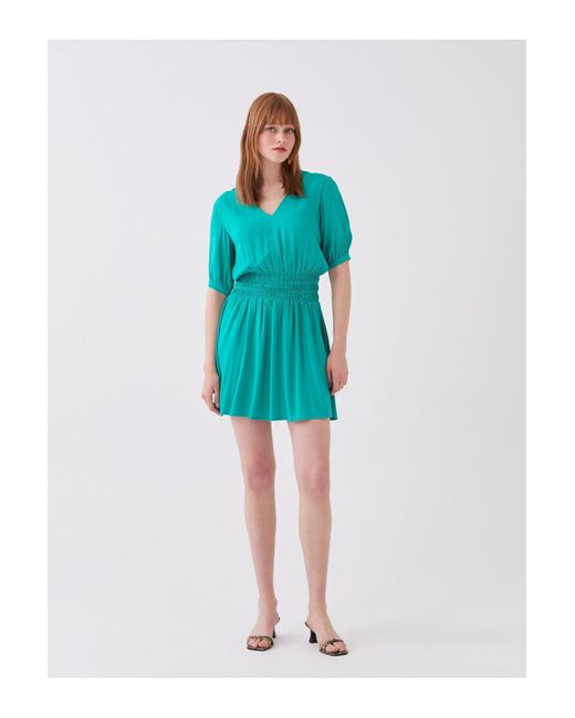 LC Waikiki Blue Kleid Mit V-Ausschnitt – Gerader Schnitt, Kurze Ärmel Für Damen