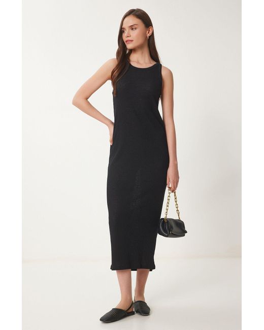 Happiness İstanbul Black Schwarzes Basic-Cord-Midi-Strickkleid Für Damen