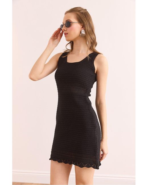 Olalook Black Schwarzes, Enges, Geflochtenes Mini-Baumwollkleid Mit Taillendetail Elb- 19002361 Für Damen