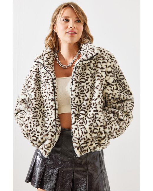 Bianco Lucci Natural Mantel Aus Kunstfell Mit Leopardenmuster – 2426 Für Damen