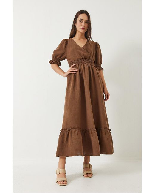 Bianco Lucci Brown Langkleid Mit Zweireihigem Ausschnitt, Ärmeln Und Elastischem Bund 3018 Für Damen