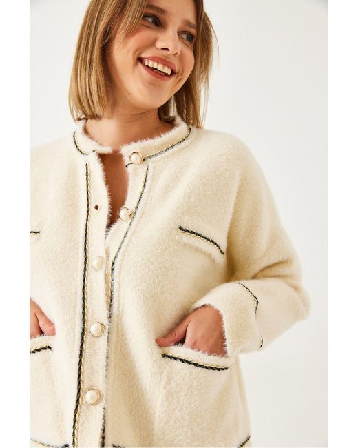 Bianco Lucci Natural Strickjacke Mit Doppelter Tasche Und Knöpfen, Weich, 24101 Für Damen
