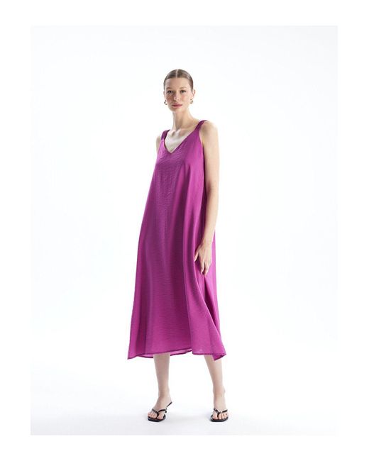 LC Waikiki Purple V-Ausschnitt Lcw Kleid Mit Trägern Für Damen