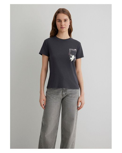 Mavi Black Anthrazitfarbenes T-Shirt Mit Katzenmuster, Halbschmale Passform -70087 Für Damen