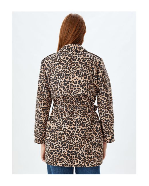 Koton Brown Zweireihiger Trenchcoat Mit Gürtel Und Leopardenmuster Für Damen