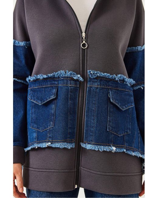 Bianco Lucci Blue Strickjacke Mit Denim-Taschendetail Und Drei Fäden Für Damen