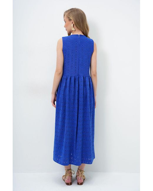 Trend Alaçatı Stili Blue Saks Kleid Mit Verstecktem Reißverschluss, Ärmellos, Premium-Guipure-Kleid Für Damen