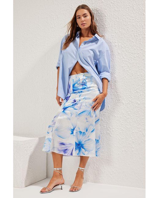 Trendyol Blue Blauer, Gewebter Maxirock Mit Blumendruck Für Damen