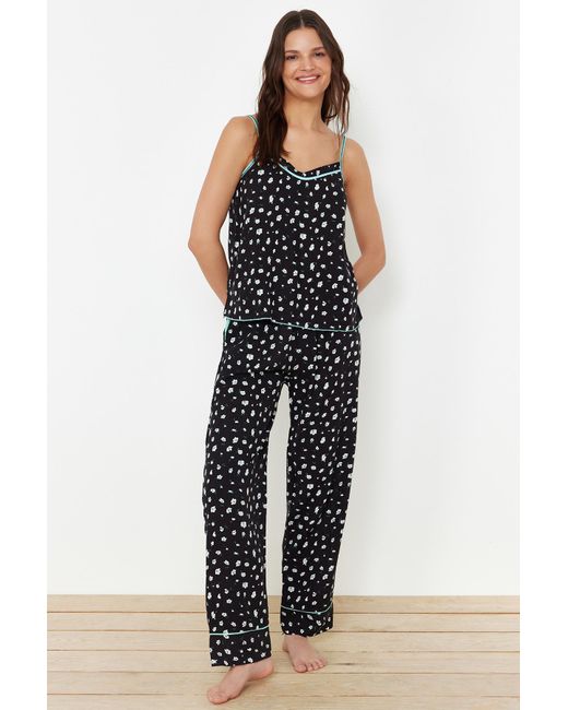 Trendyol Black Es pyjama-set mit blumenmuster, 100 % baumwolle, kordelriemen,