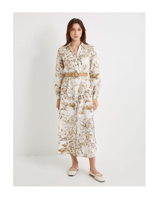 Koton Natural Midi-Hemdkleid Mit Blumenmuster, Langen Ärmeln Und Gürtel Für Damen