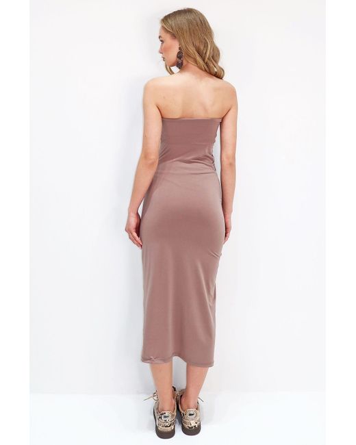 Trend Alaçatı Stili Brown Nerz Trägerloses, Verstellbares, Gerafftes, Detailliertes Kleid Für Damen