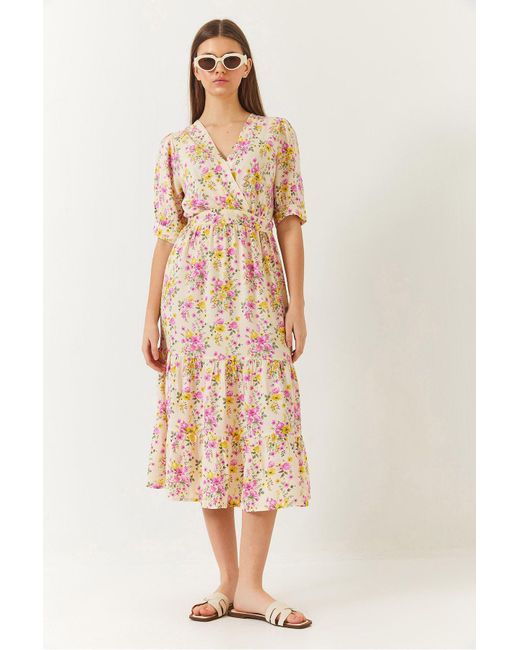Bianco Lucci Natural Kleid Aus Viskose Mit Zweireihigem Ausschnitt Und Blumenmuster Und Kurzen Ärmeln Für Damen