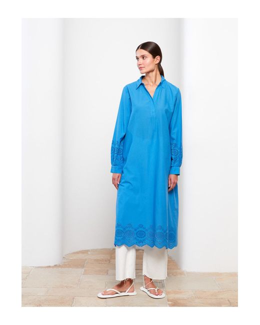LC Waikiki Blue Langärmlige Tunika Mit Hemdkragen Und Stickerei Für Damen