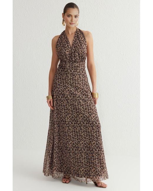 Trendyol Brown Stilvolles, Gestricktes A-Linien-Abendkleid Mit Blumendruck – Buntes Heimkehrkleid Für Damen