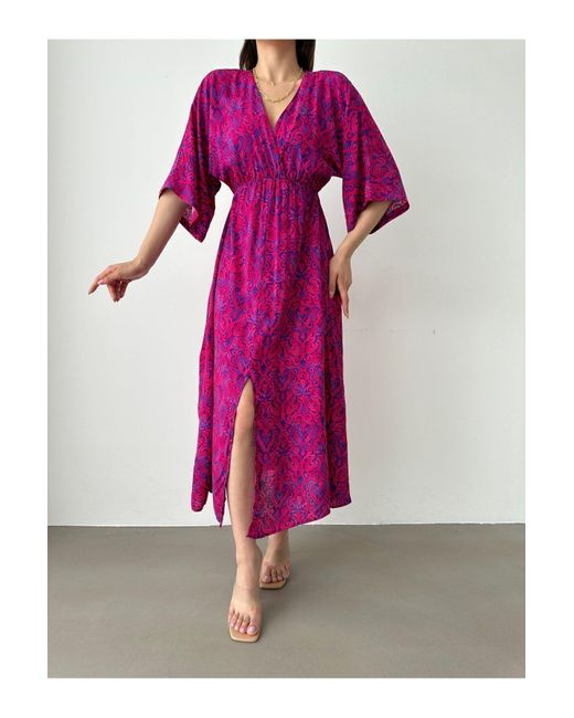 BEJNA Pink Zweireihiges Langes Sommerkleid Mit Kragen Und Schlitz Für Damen