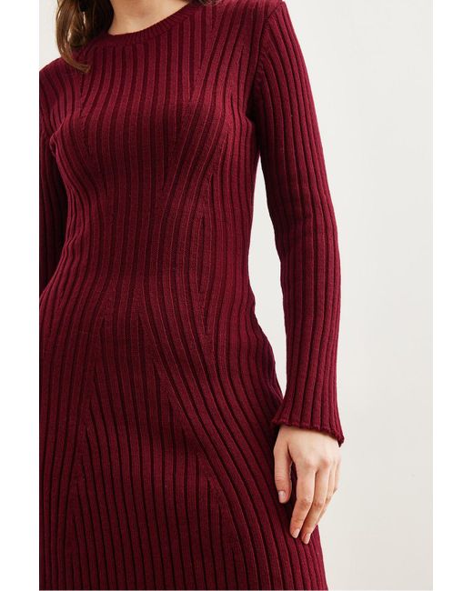 Olalook Red Burgunderrotes, Ausgestelltes, Dickes, Geripptes Mini-Strickkleid Elb- 19002327 Für Damen