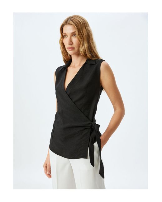 Koton Black Ärmellose Zweireihige Viskose-Bluse Mit Seitlichem Bindedetail Für Damen
