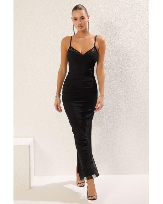 Trendyol Black Schwarzes, Gestricktes Midi-Abendkleid Aus Tüll Und Elegantes Abschlussballkleid, Nachtabschlusskleid Für Damen