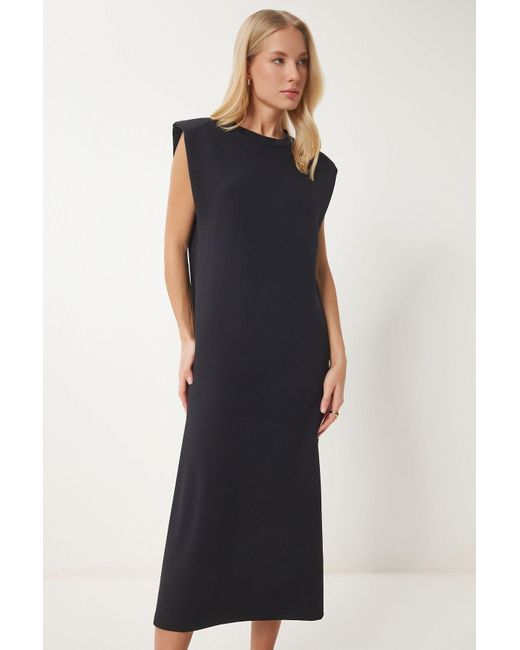 Happiness İstanbul Blue Schwarzes, Wattiertes Basic-Sommer-Modalkleid Für Damen