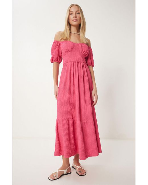 Happiness İstanbul Pink Dunkelrosa Strickkleid Mit Herzförmigem Ausschnitt Und Strukturiertem Sommer-Strickkleid Für Damen
