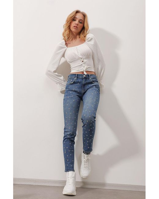 Trend Alaçatı Stili Blue Blaue Skinny Jeans Mit Hoher Taille Und Fünf Taschen Im Vogelaugen-Design Für Damen