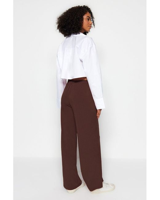 Trendyol White Braune, Breite, Bequeme, Geschnittene, Dehnbare Hose Mit Hoher Taille Für Damen