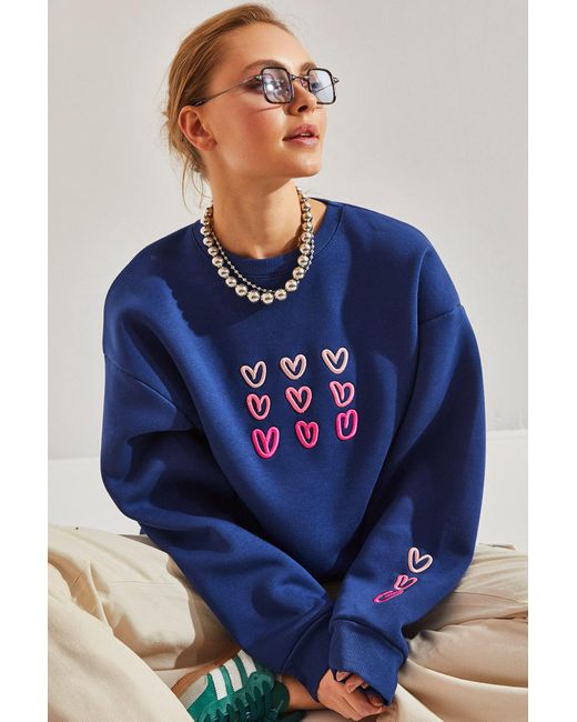 Bianco Lucci Blue Sweatshirt mit dreifädigem raised heart-print