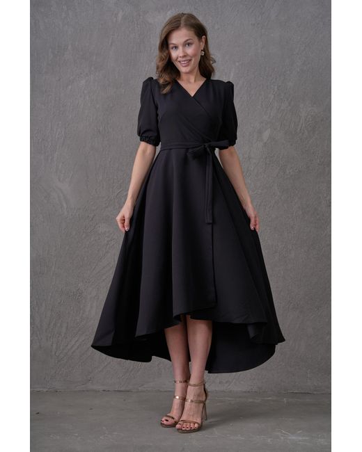 Lovebox Pink Schwarzes, Zweireihiges Midikleid Mit Ausschnitt – Asymmetrisch Geschnittenes, Ausgestelltes Kleid Mit Gürtel 410 Für Damen