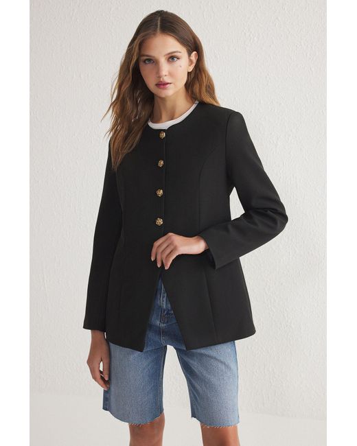 Trendyol Blue Schwarze, Gepolsterte, Gewebte Tweed-Blazerjacke Mit Rundhalsausschnitt Für Damen