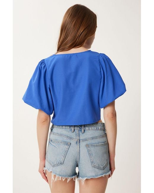 Happiness İstanbul Blue Blaue Bluse Aus Popeline Mit Ballonärmeln Und Besticktem Crop-Design Für Damen