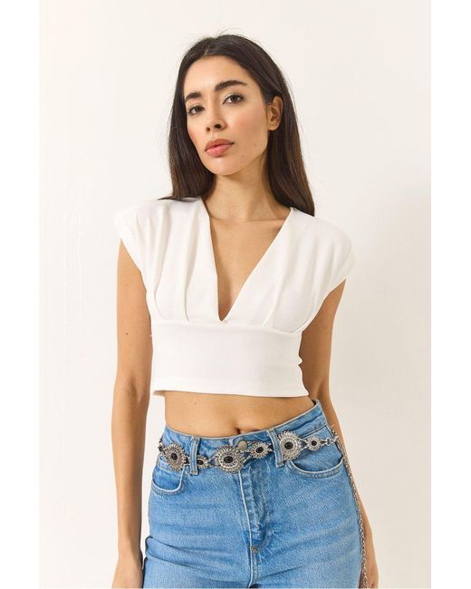 Bianco Lucci White Leichte, Tief Ausgeschnittene Crop-Bluse Für Damen