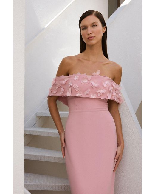 Trendyol Pink Rose Dry Carmen Kragen Blumenapplikation Detailliertes Gewebtes Langes Abendkleid Für Den Abschlussball Für Damen