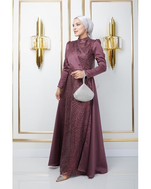 Olcay Purple Abendkleid aus satin mit hijab, umhangrock, stempel- und glitzerdetails auf der vorderseite, rose dry