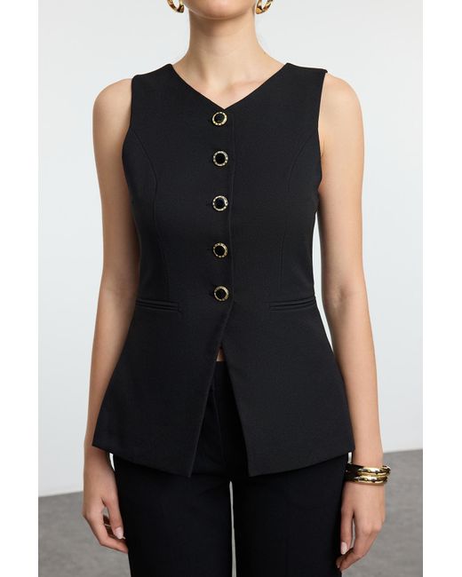 Trendyol Black Schwarze Gewebte Weste Mit Rundhalsausschnitt