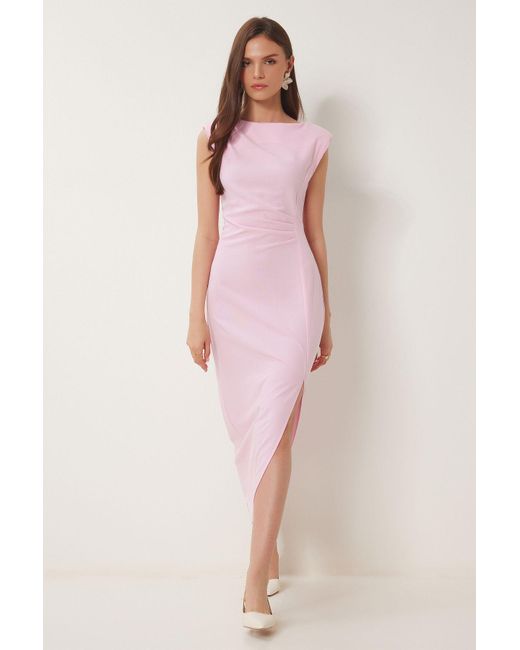 Happiness İstanbul Pink Wattiertes Drapiertes Midi-Webkleid Für Damen