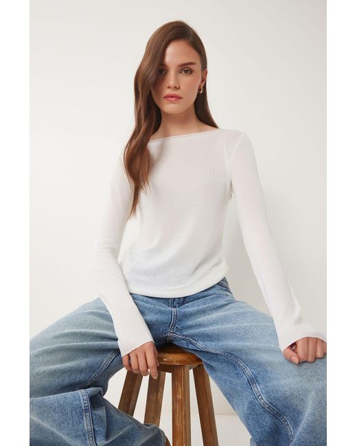 Happiness İstanbul Multicolor Bluse Aus Saisonalem Strick Mit Knochen-Boot-Ausschnitt Für Damen