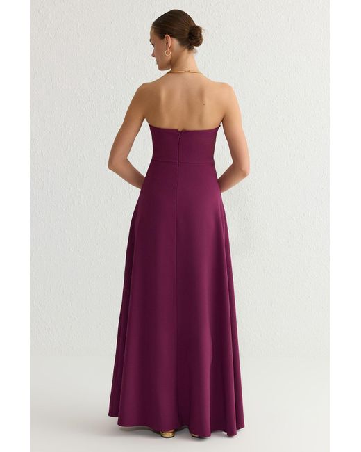 Trendyol Purple Pflaumenfarbenes, Trägerloses, Langes, Stilvolles Abendkleid Mit A-Ausschnitt Und Heimkehrkleid Für Damen